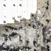 Top down view of tornado damage of Amazon warehouse