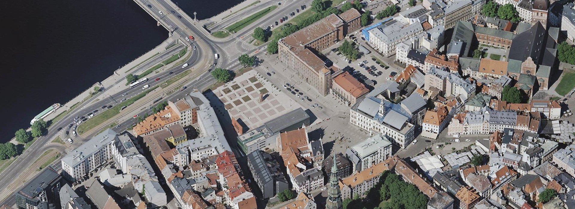 Oblique buildings and a bridge over water in Riga, Latvia