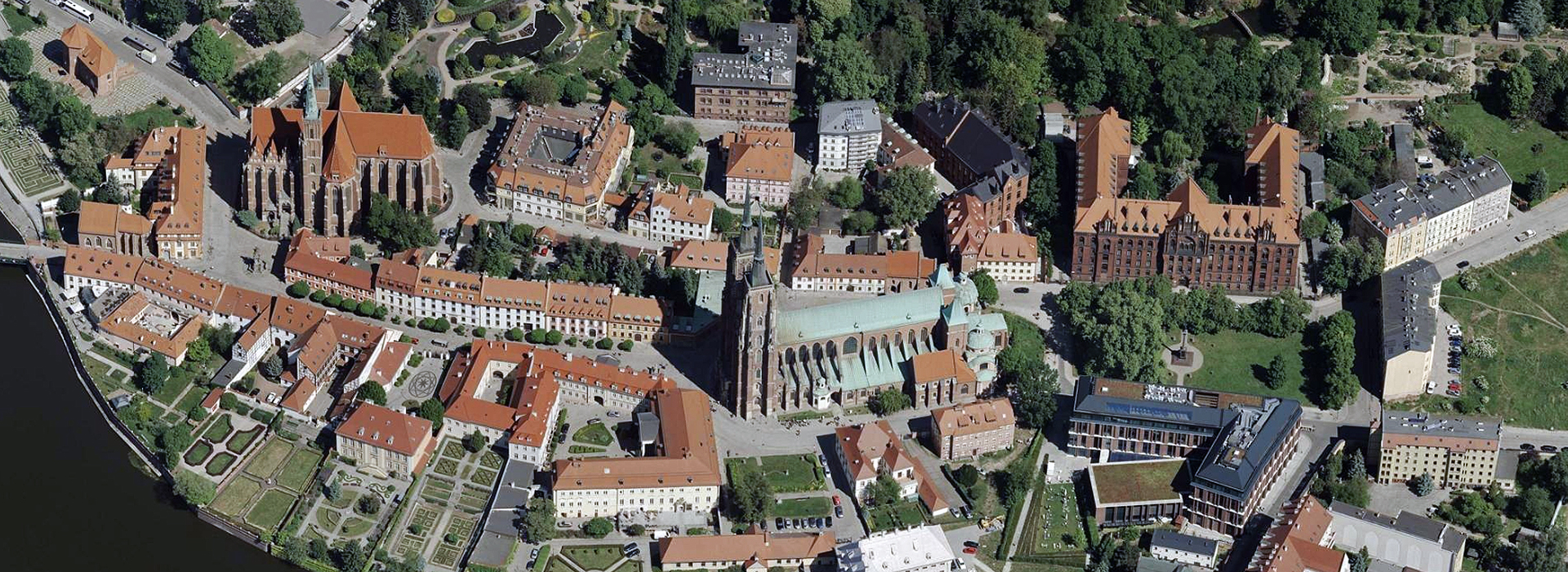 Oblique buildings by the water in Wrocław, Poland