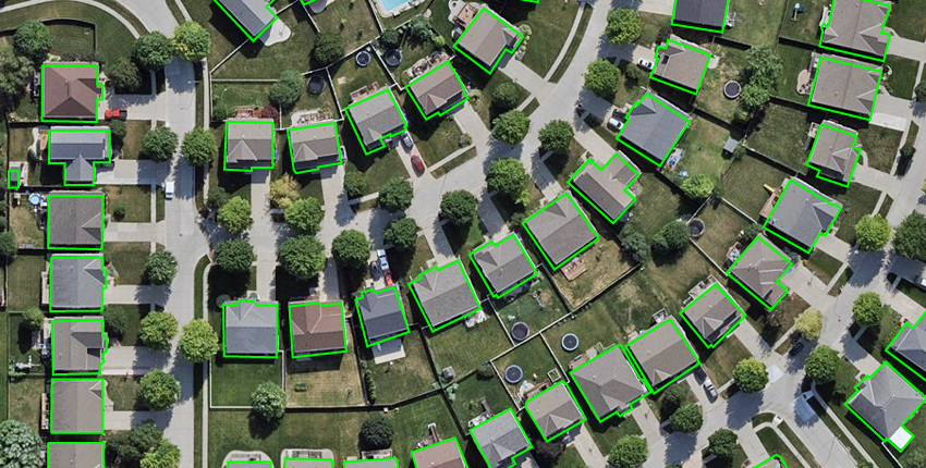 Ortho aerial image of a neighborhood with property footprints in Elkhorn, NE, published by Vexcel.