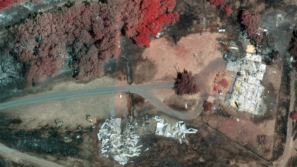 Multispectral image of a burned property in Lyle, WA, published by Vexcel