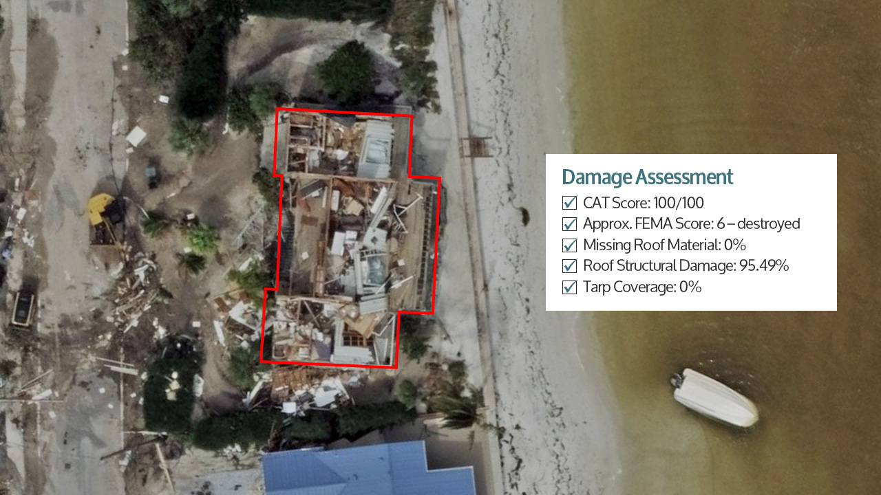 Ortho aerial image of a property damaged by Hurricane Milton in Bradenton Beach, FL, published by Vexcel.