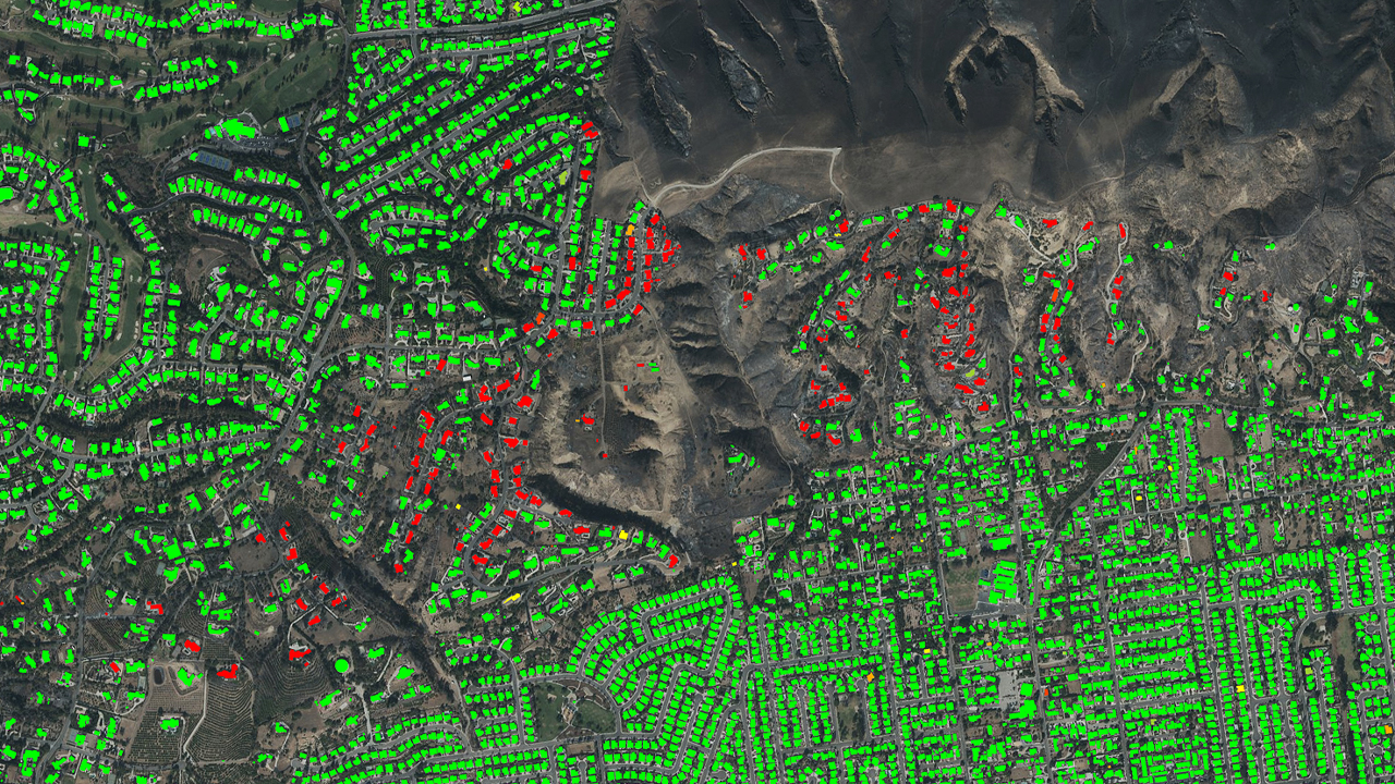 Ortho aerial image of widespread fire damage footprints in Camarillo, CA, published by Vexcel.