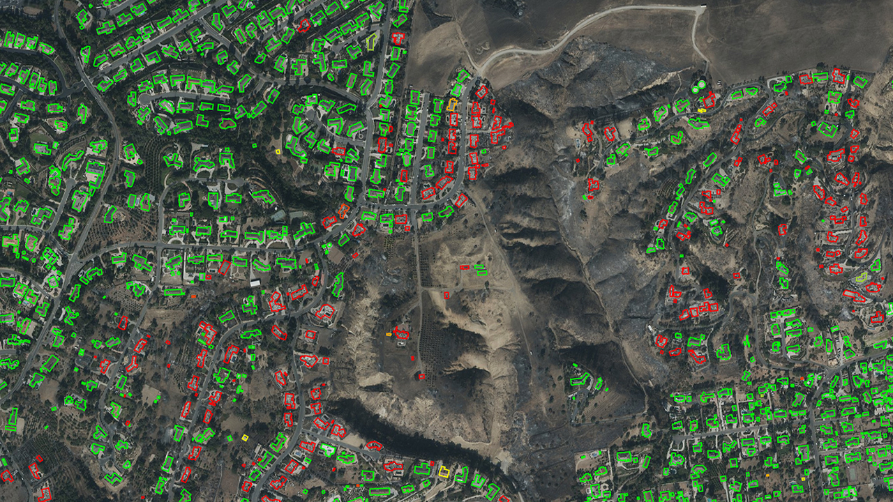 Ortho aerial image of widespread fire damage footprints in Camarillo, CA, published by Vexcel.