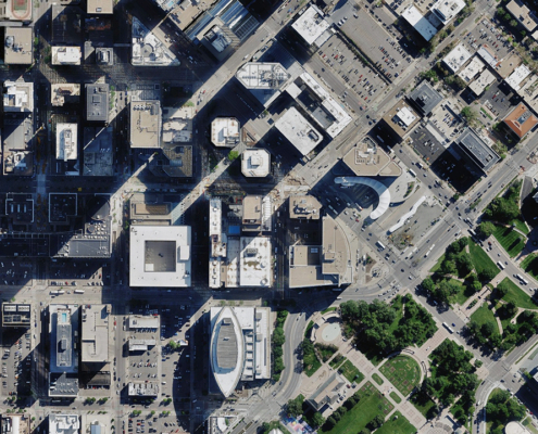 Ortho aerial image of city blocks in Denver, CO, published by Vexcel.
