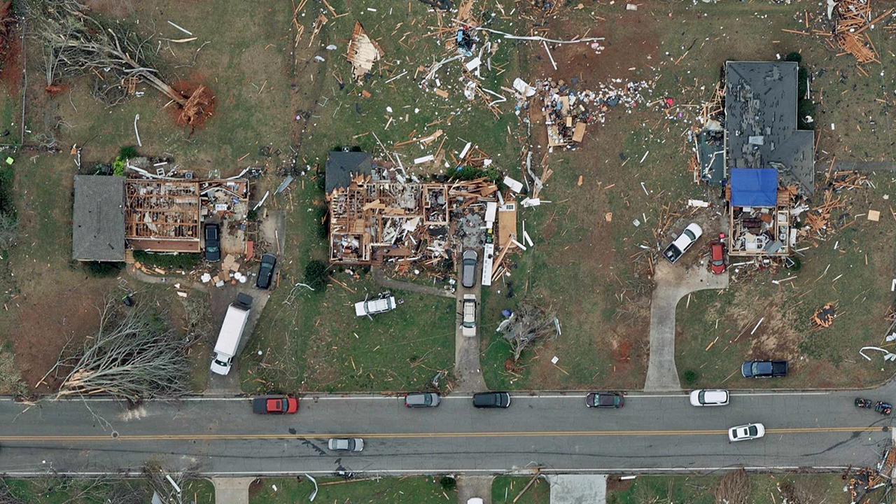Ortho aerial image of properties damaged by a tornado in Newnan, GA, published by Vexcel.
