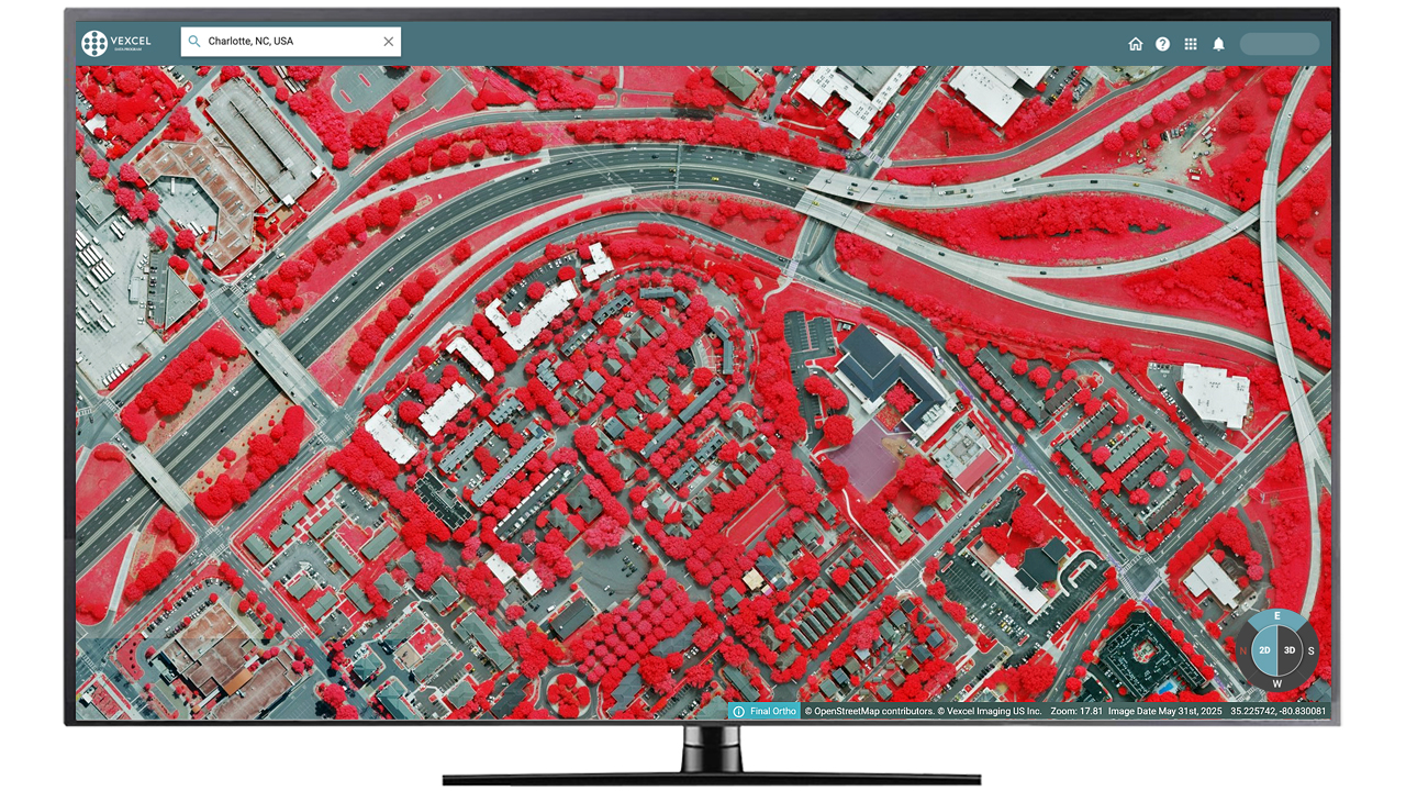 Computer screen of Vexcel Viewer containing multispectral aerial image of Charlotte, NC, published by Vexcel.