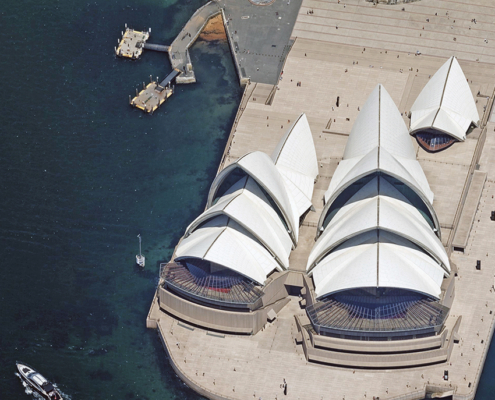 Oblique aerial image of Sydney Opera House in Sydney, NSW, AU published by Vexcel.