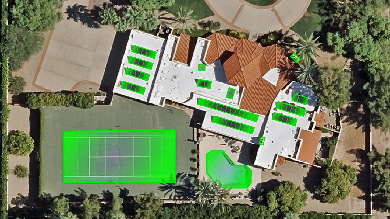 Ortho aerial image of a property with Elements AI callouts in Paradise Valley, AZ, published by Vexcel.