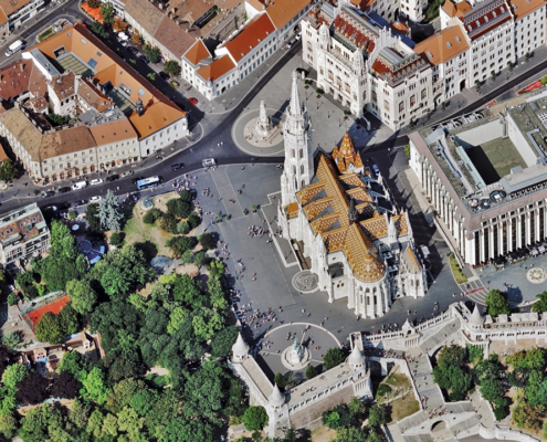 Oblique aerial image of a church and fortress in Budapest, Hungary, published by Vexcel.