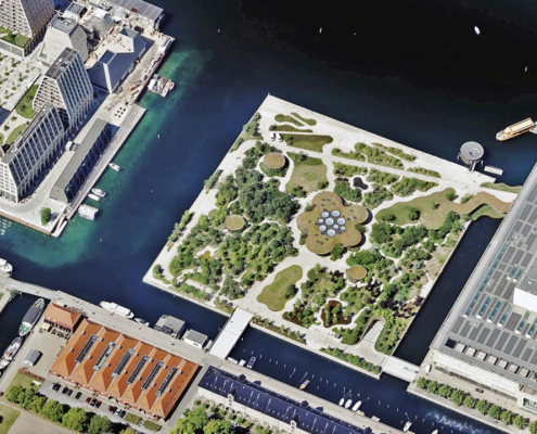 Oblique aerial image of a waterfront in Copenhagen, Denmark, published by Vexcel.