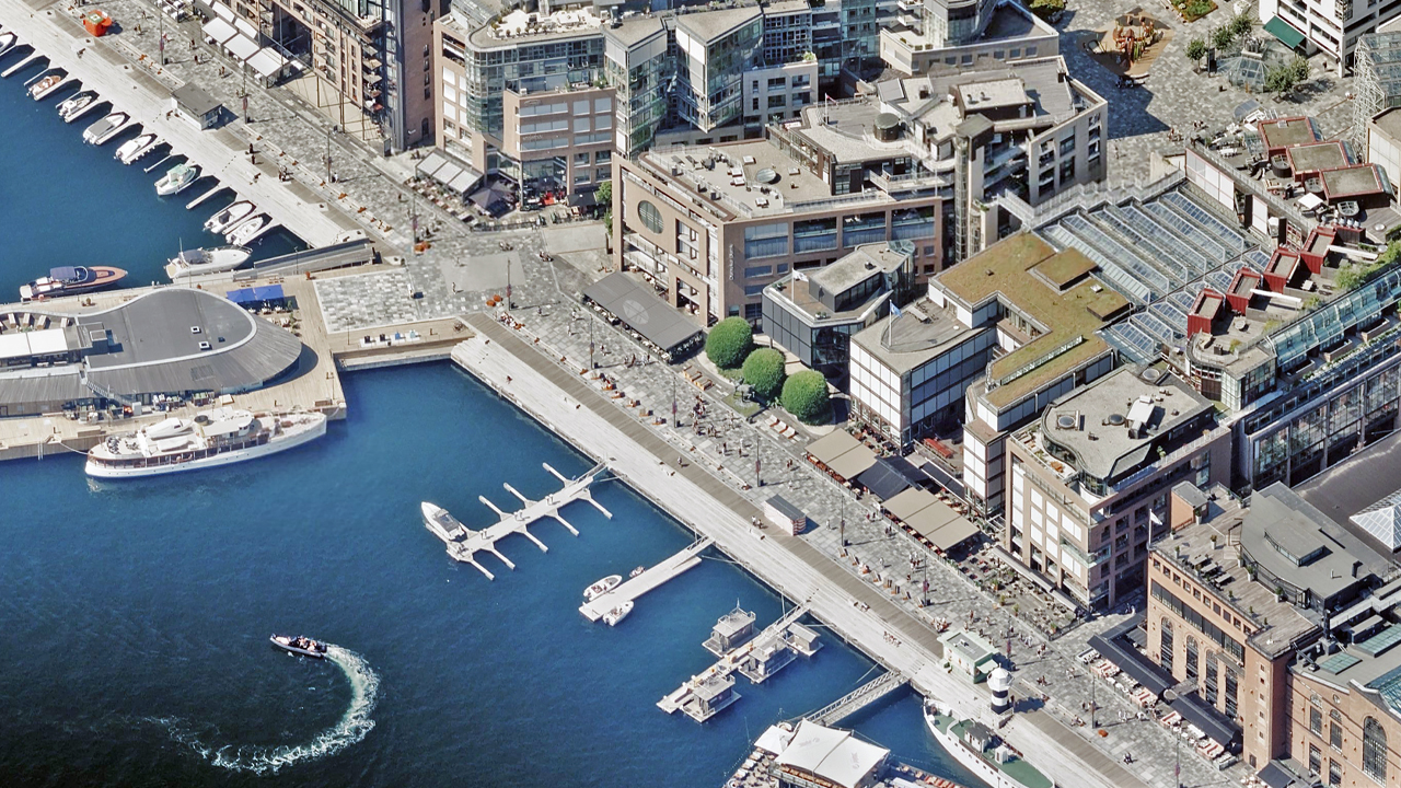 Oblique aerial image of a waterfront in Oslo, Norway, published by Vexcel.