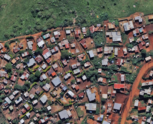 Ortho aerial image of a neighborhood in Pietermaritzburg, South Africa, published by Vexcel.