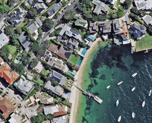 Ortho aerial image of oceanfront properties in Sydney, NSW, Australia, published by Vexcel.