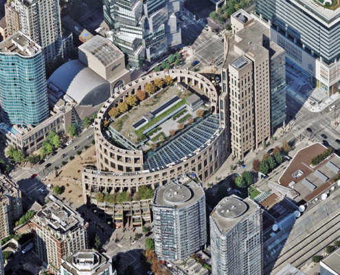 Oblique aerial image of buildings in Vancouver, BC, Canada, published by Vexcel.